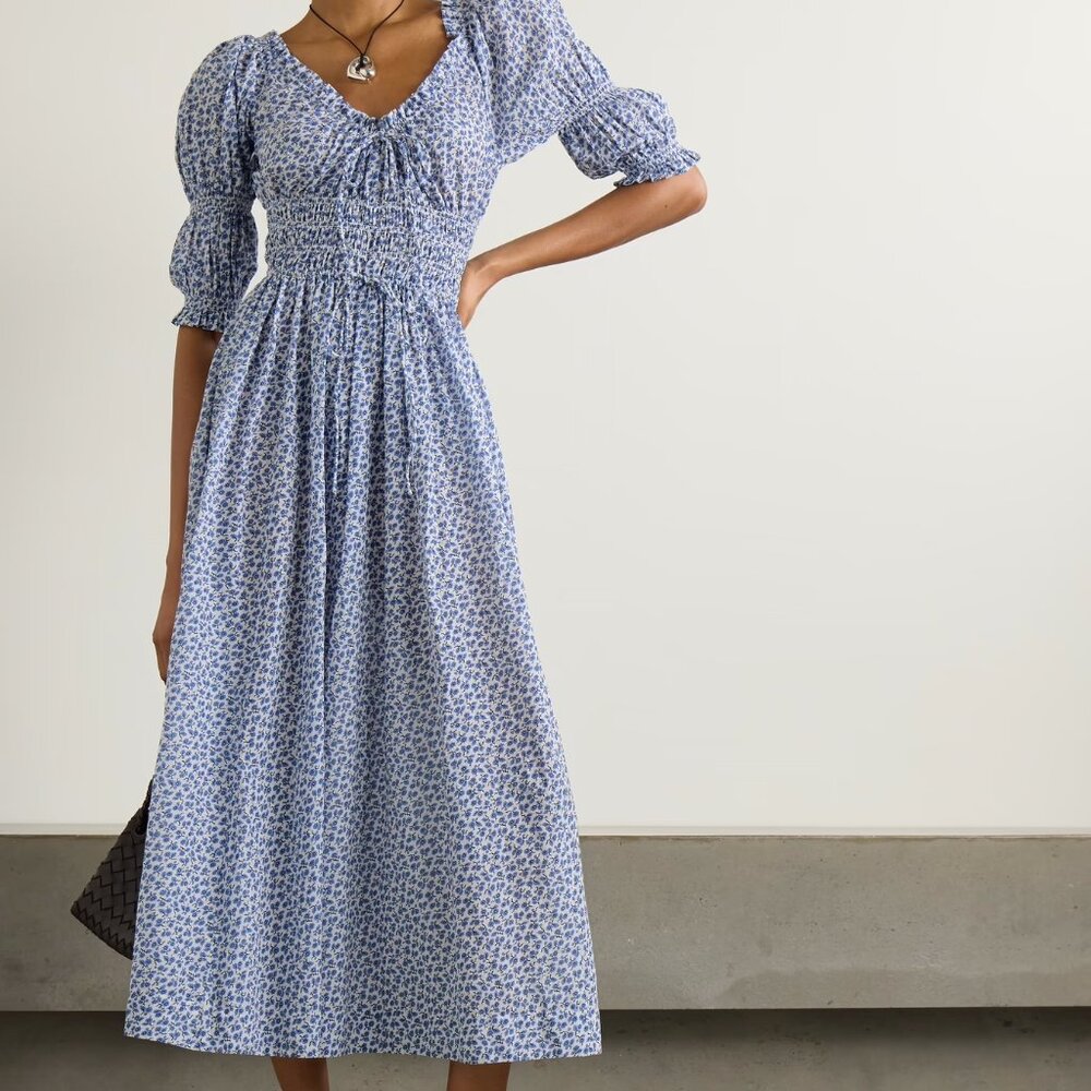 DÔEN Ischia shirred floral-print organic cotton-voile maxi dress in blue Size S